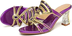 Women's Strappy Rhinestones Block Heel Slide Sandals Sparkle Bling Open Round Toe Slip On Crystal Mule Chunky Heels-2.75In Wedding Party Dress Shoe