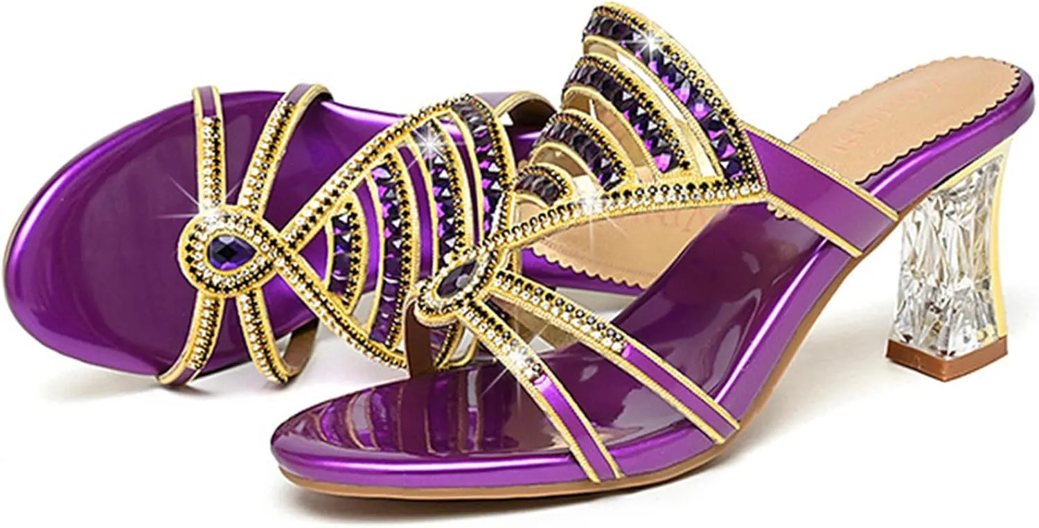Women's Strappy Rhinestones Block Heel Slide Sandals Sparkle Bling Open Round Toe Slip On Crystal Mule Chunky Heels-2.75In Wedding Party Dress Shoe