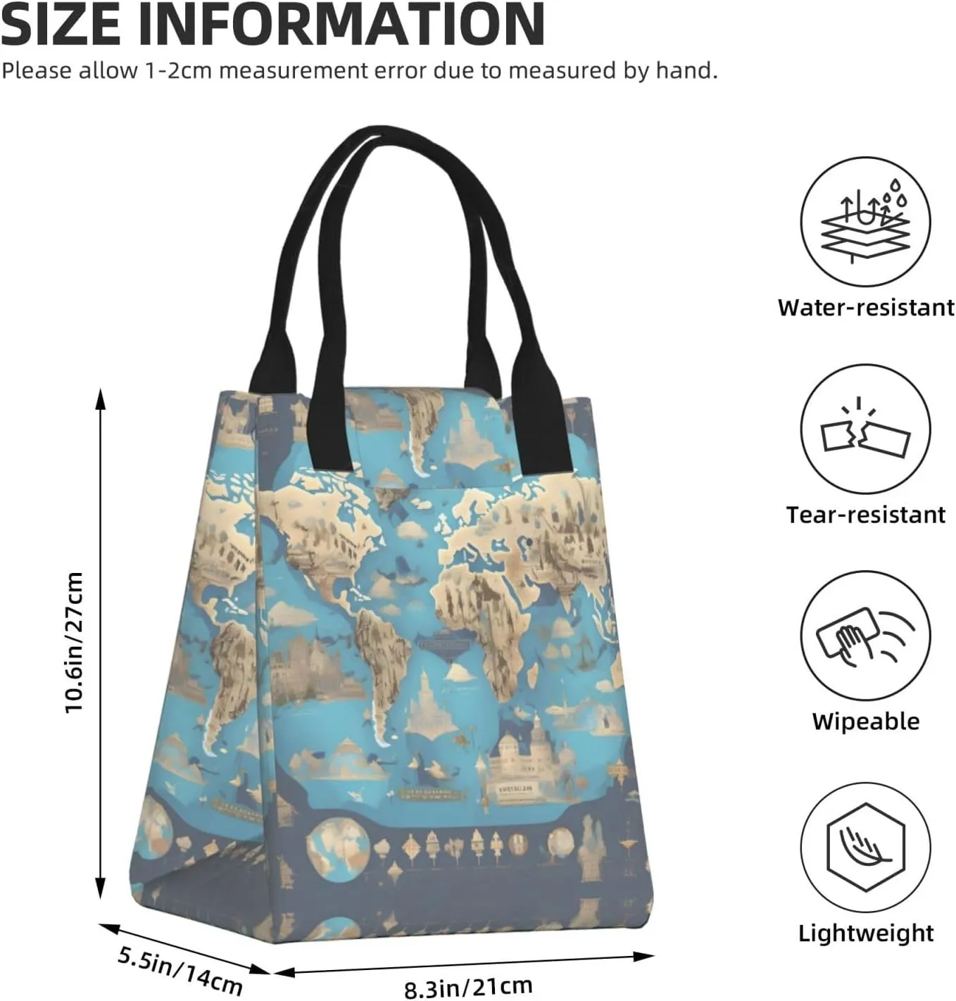 World Geography Map Reusable Paper Bag For Office Workers, Suitable For Picnic, Travel, More