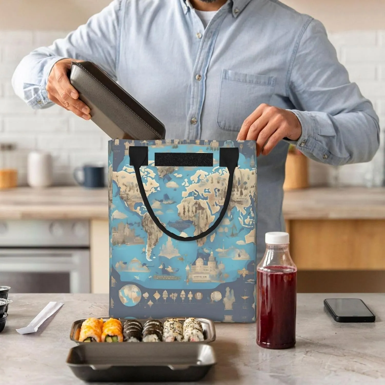 World Geography Map Reusable Paper Bag For Office Workers, Suitable For Picnic, Travel, More