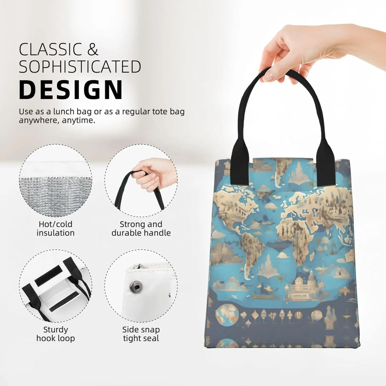 World Geography Map Reusable Paper Bag For Office Workers, Suitable For Picnic, Travel, More