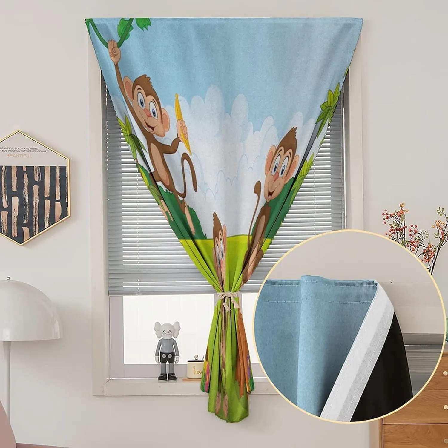 XISUNYA Adjustable Blackout Shades, Nursery Portable Blackout Curtain, Three Monkeys Playing in a Tropical Forest Banana Print Living Room Bedroom Window Drapes,47W x54L Inches, for Bathroom Bedroom