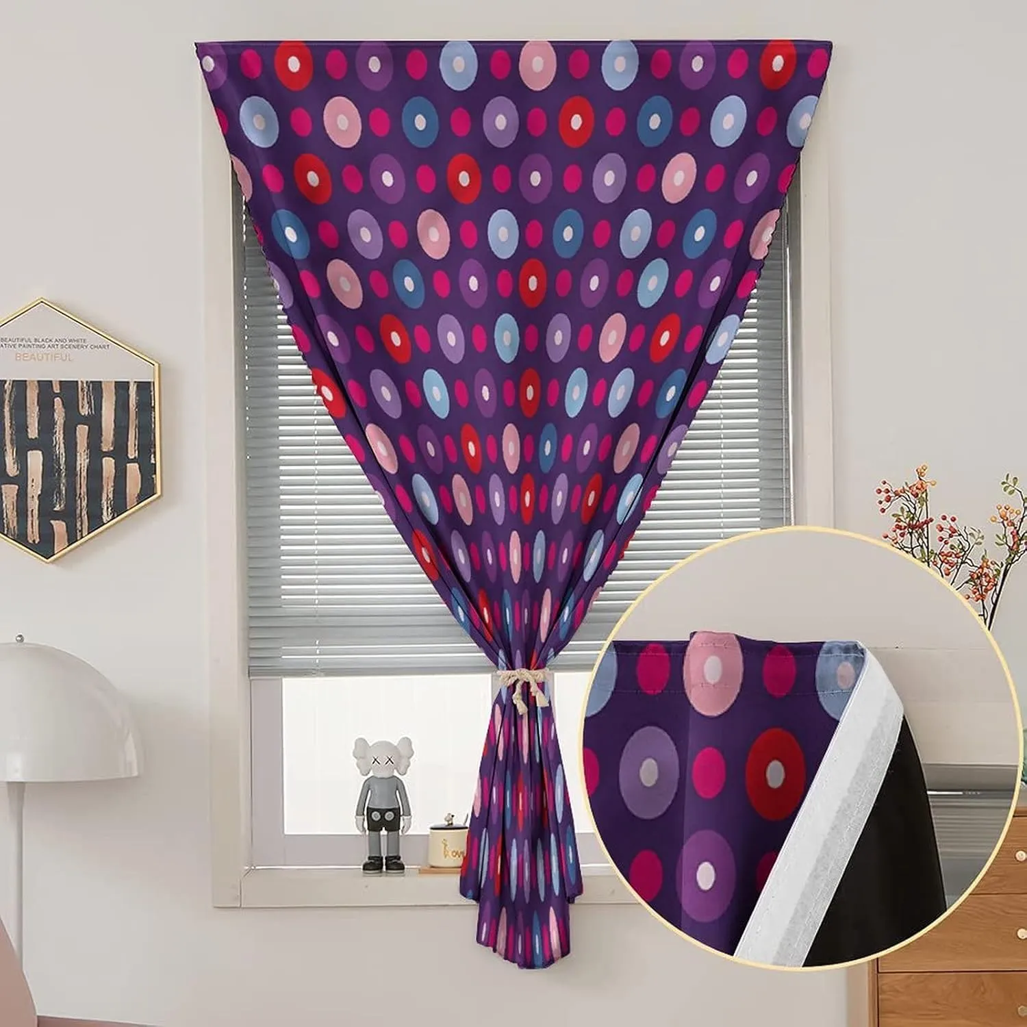 XISUNYA Autohesion Curtains, Abstract Window Curtain Panel, Geometric Circles Artsy Print Living Room Bedroom Window Drapes,35W x54L Inch, for Nursery,Children Kids Bedroom or Travel Use
