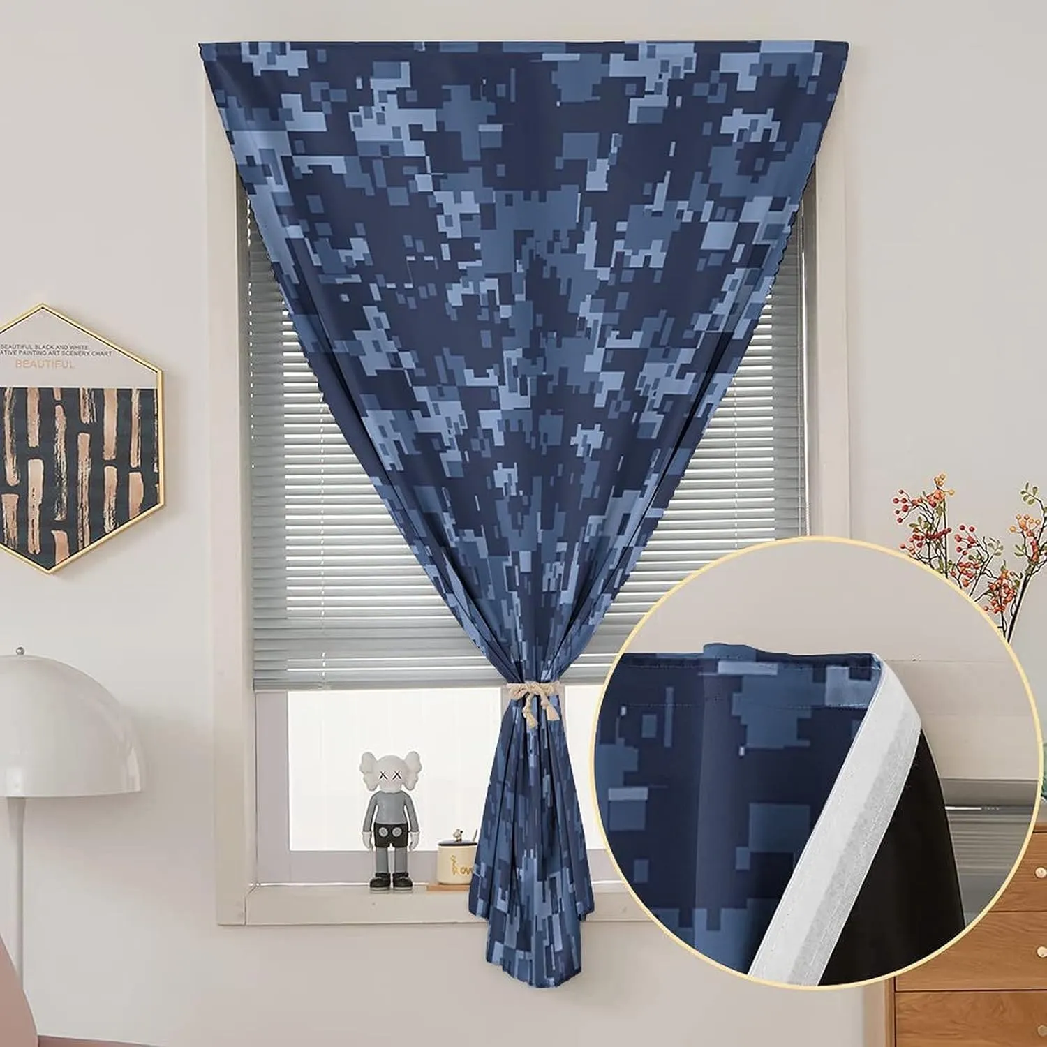 XISUNYA Autohesion Curtains, Camo Window Curtain Panel, Militaristic Digital Camouflage Blue Print Adjustable Temporary Blackout Shades,35W x63L Inch, for Nursery,Children Kids Bedroom or Travel Use