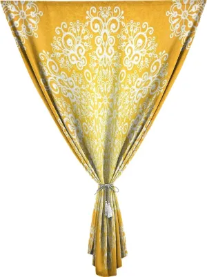 XISUNYA Autohesion Curtains, Yellow Window Curtain Panel, Snowflake Like Floral Design Tribal Print Thermal Lnsulated Room Darkening Small Drapes,59W x72L Inches, for Bathroom Living Room Bedroom