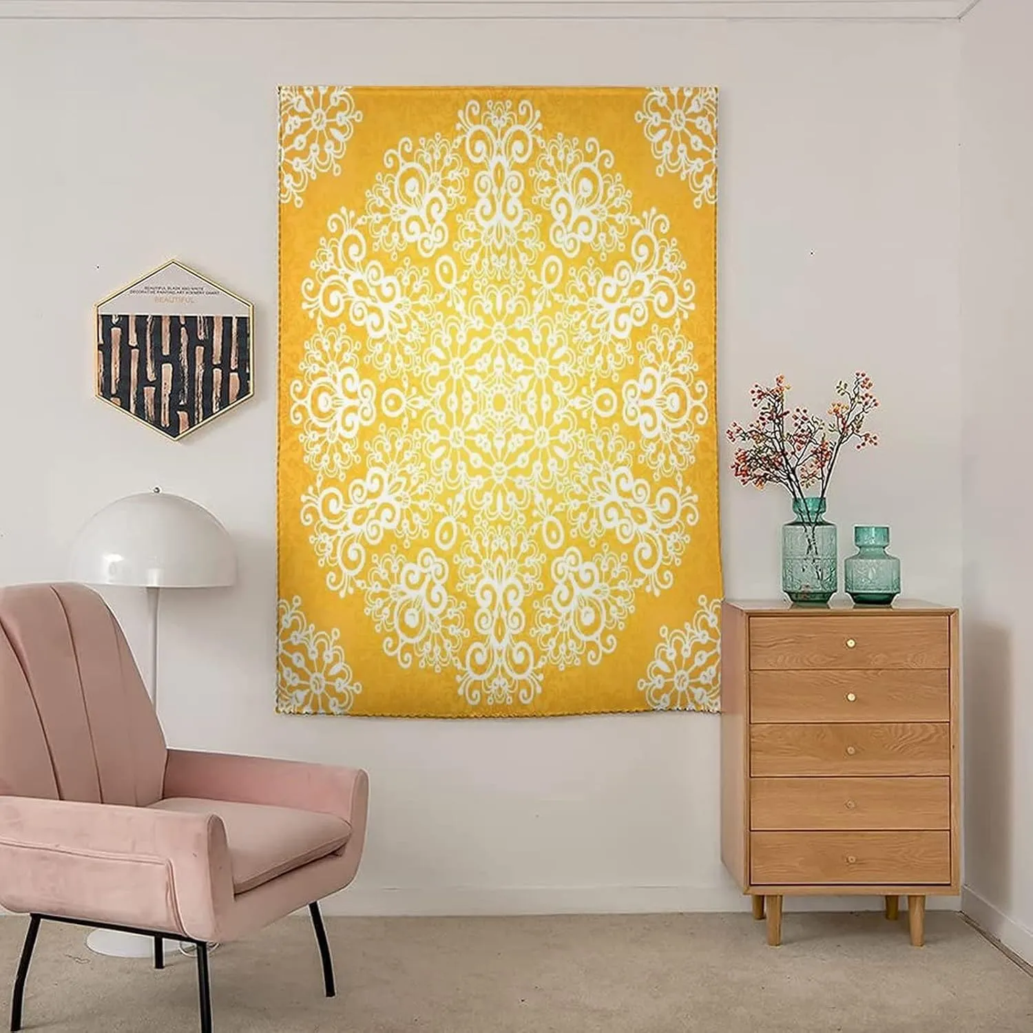 XISUNYA Autohesion Curtains, Yellow Window Curtain Panel, Snowflake Like Floral Design Tribal Print Thermal Lnsulated Room Darkening Small Drapes,59W x72L Inches, for Bathroom Living Room Bedroom
