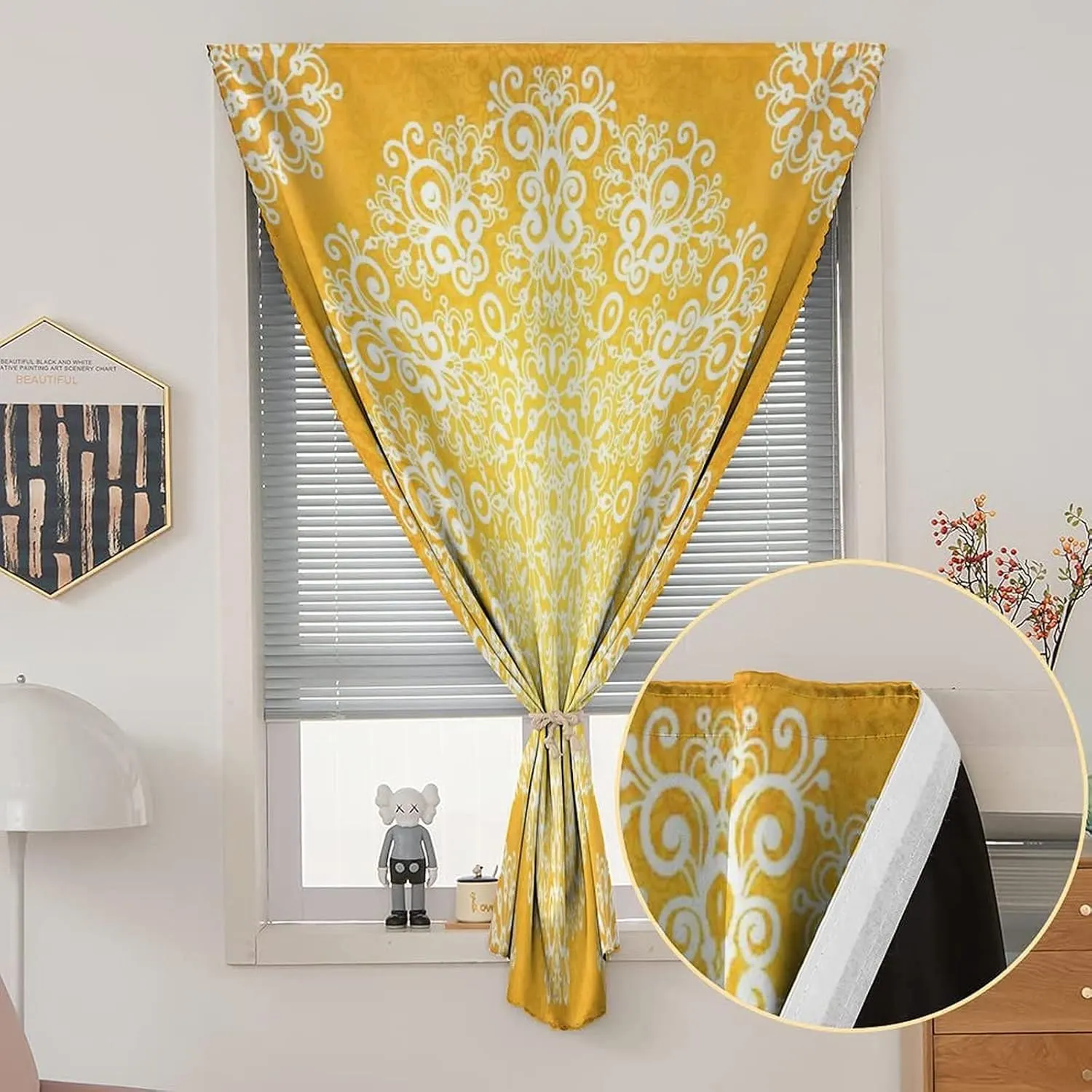 XISUNYA Autohesion Curtains, Yellow Window Curtain Panel, Snowflake Like Floral Design Tribal Print Thermal Lnsulated Room Darkening Small Drapes,59W x72L Inches, for Bathroom Living Room Bedroom