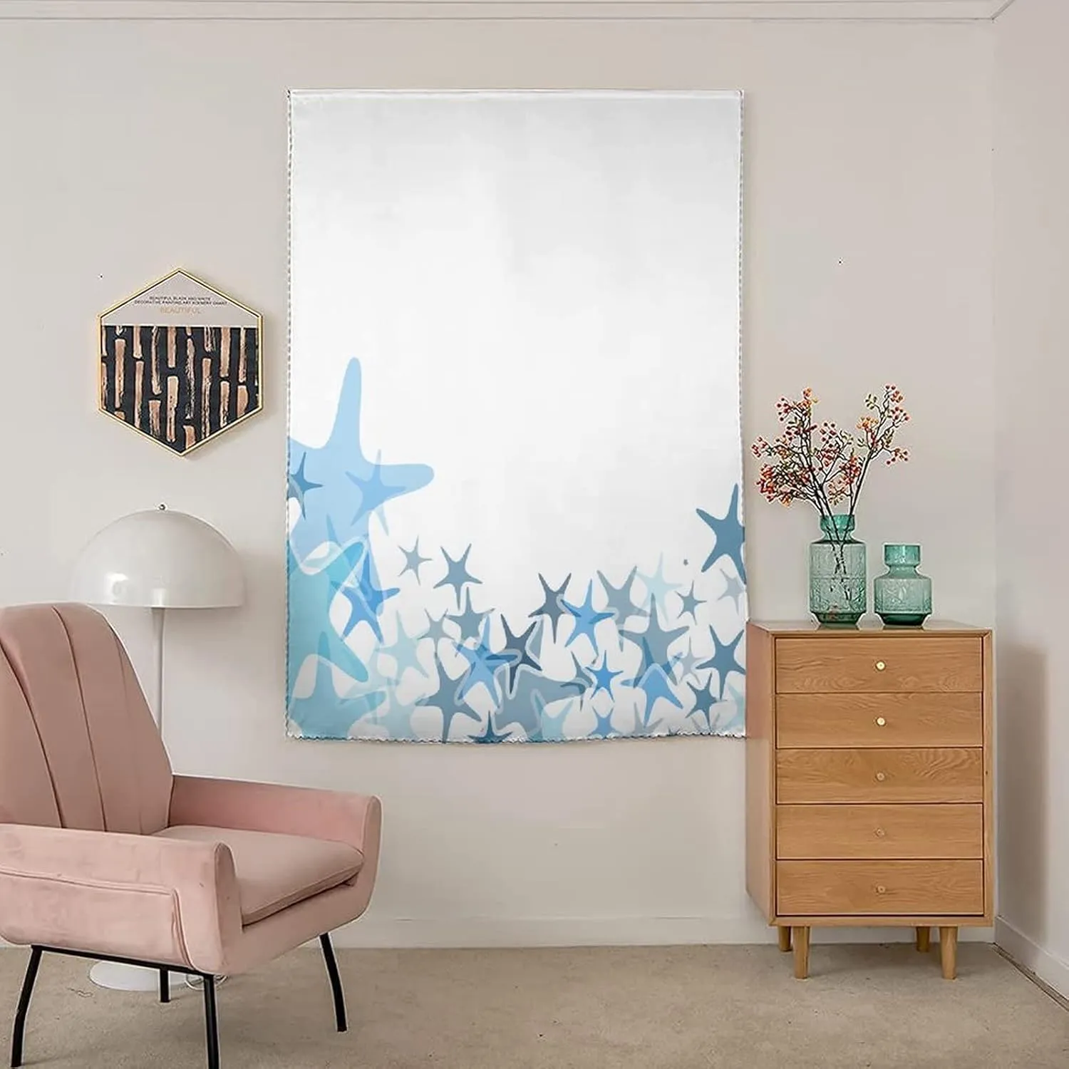 XISUNYA Self Adhesive Portable Blackout Curtains, Starfish Decor Room Darkening Curtains, Hand Drawn Seastar in Blue Tones Border Print Temporary Blackout Blinds,26W x40L Inch, for Kitchen Bathroom