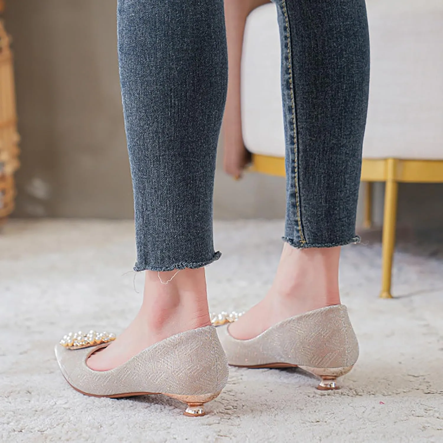 YIBLBOX Women's Dress Shoes Pearl Low Kitten Heels Pointed Toe Slip on Bridal Wedding Party Pump