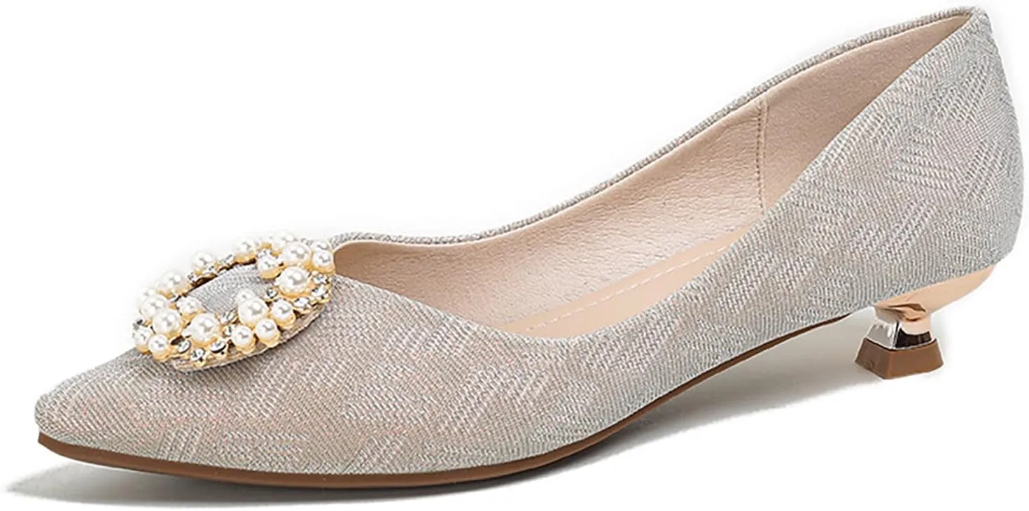 YIBLBOX Women's Dress Shoes Pearl Low Kitten Heels Pointed Toe Slip on Bridal Wedding Party Pump