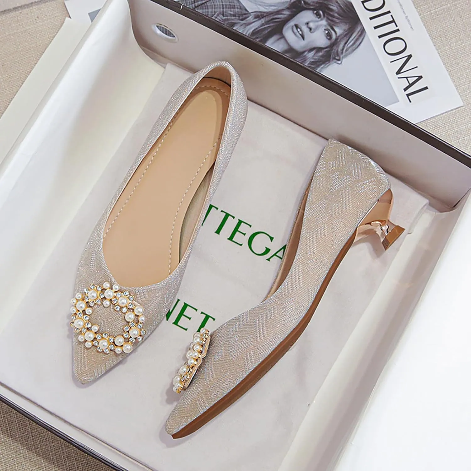 YIBLBOX Women's Dress Shoes Pearl Low Kitten Heels Pointed Toe Slip on Bridal Wedding Party Pump