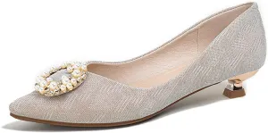 YIBLBOX Women's Dress Shoes Pearl Low Kitten Heels Pointed Toe Slip on Bridal Wedding Party Pump