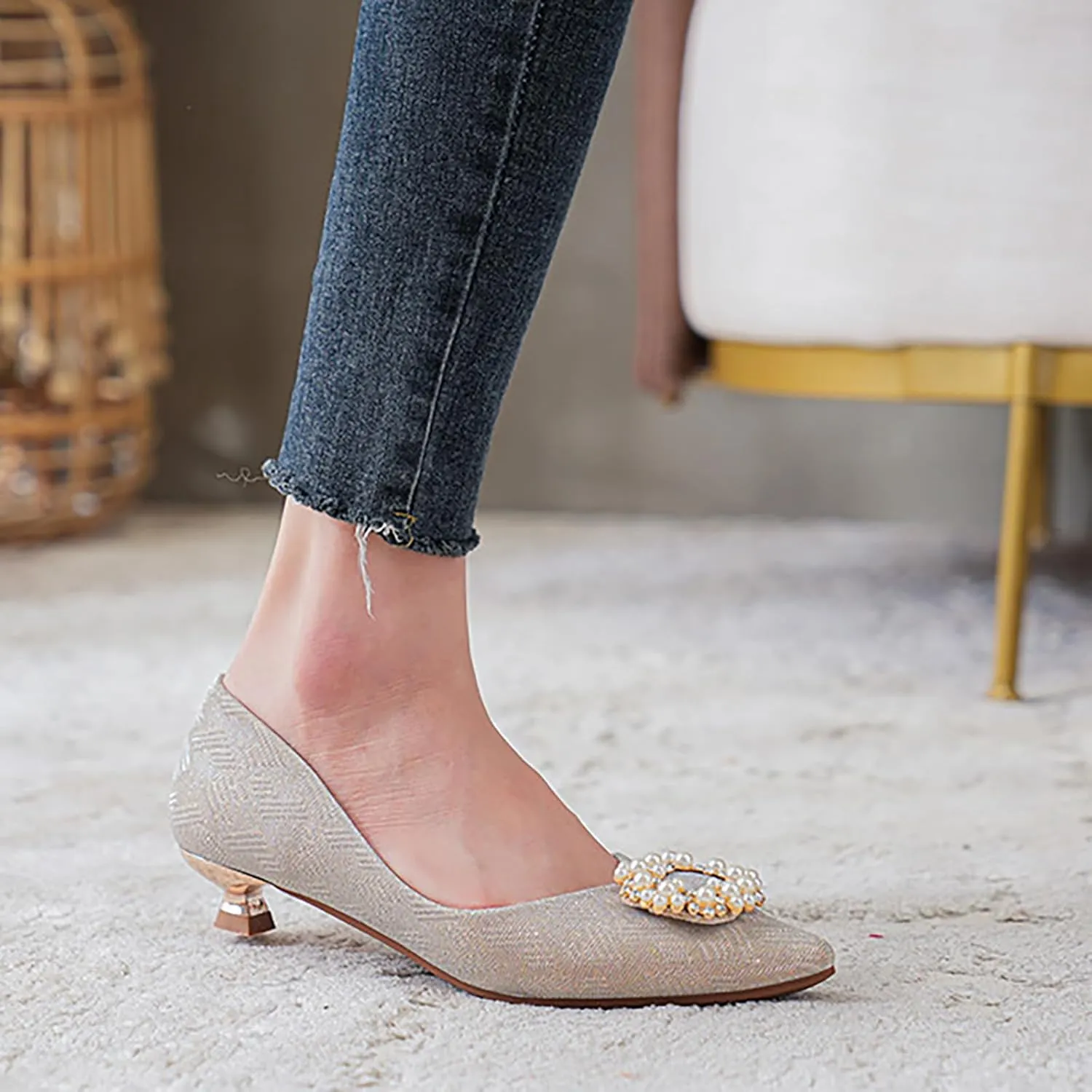 YIBLBOX Women's Dress Shoes Pearl Low Kitten Heels Pointed Toe Slip on Bridal Wedding Party Pump