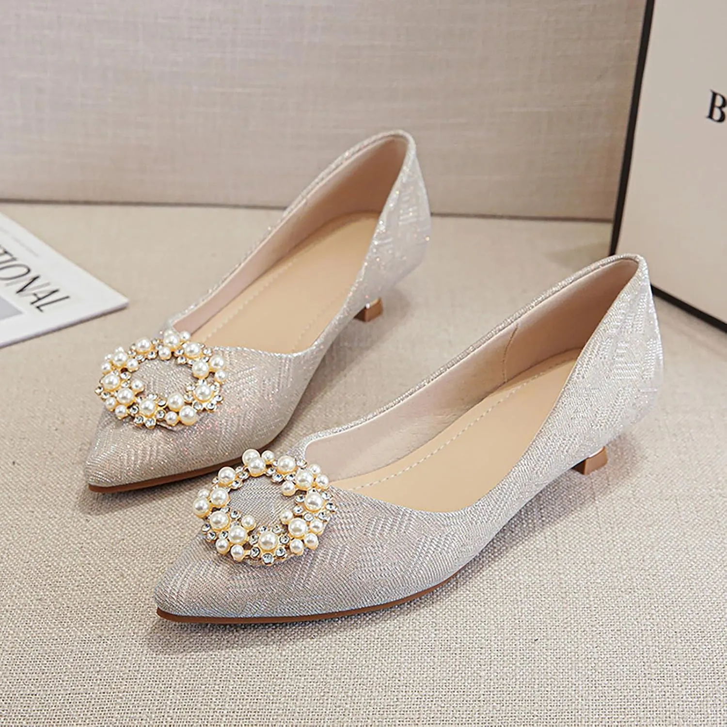 YIBLBOX Women's Dress Shoes Pearl Low Kitten Heels Pointed Toe Slip on Bridal Wedding Party Pump