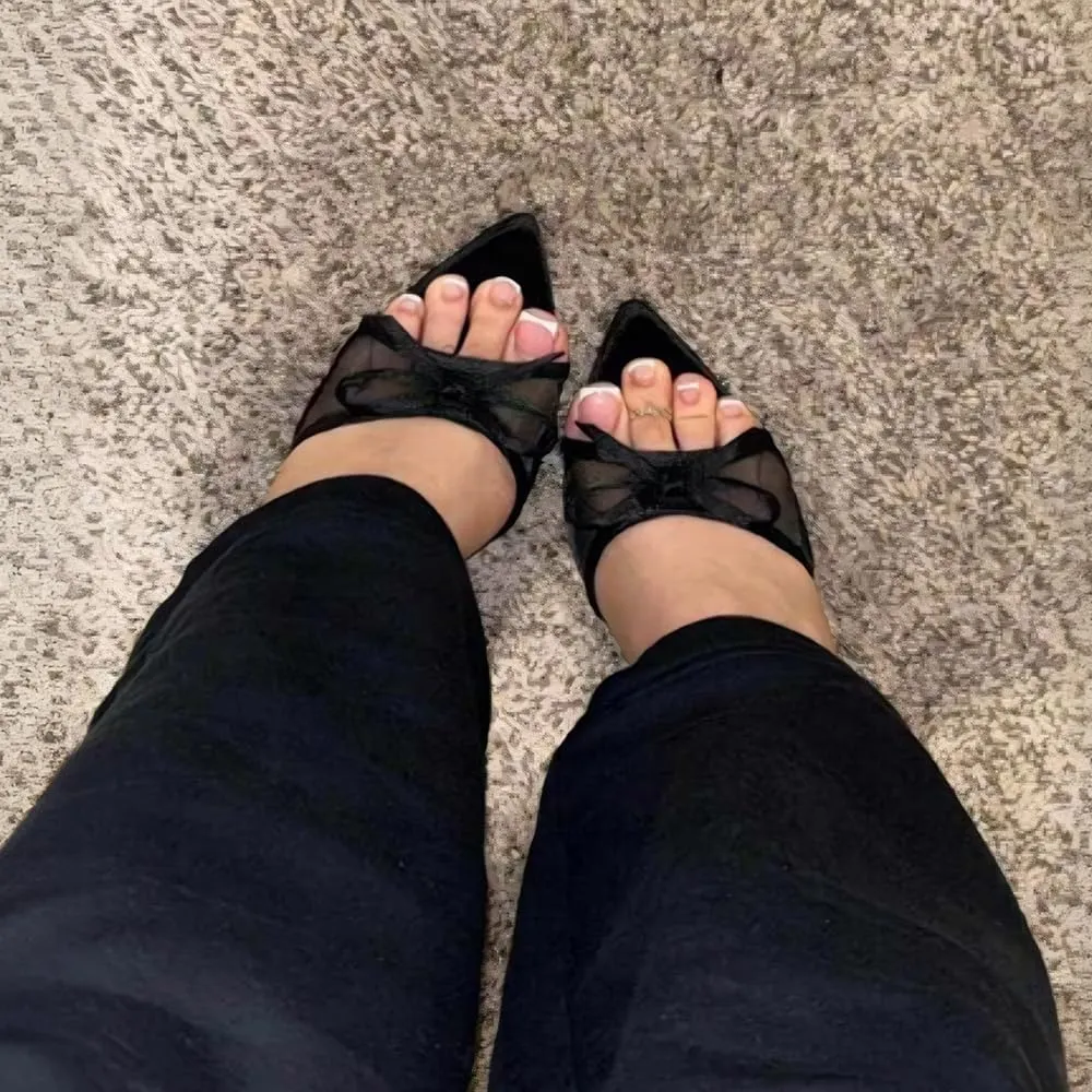 YIYA Women's Open Pointed Toe Mesh Mules Cute Bow Heels Stiletto Kitten High Heels Party Dress Backless Slip On Slide Sandals