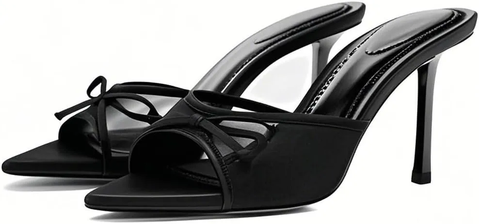 YIYA Women's Open Pointed Toe Mesh Mules Cute Bow Heels Stiletto Kitten High Heels Party Dress Backless Slip On Slide Sandals