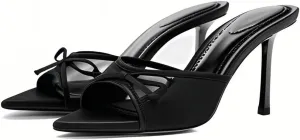 YIYA Women's Open Pointed Toe Mesh Mules Cute Bow Heels Stiletto Kitten High Heels Party Dress Backless Slip On Slide Sandals