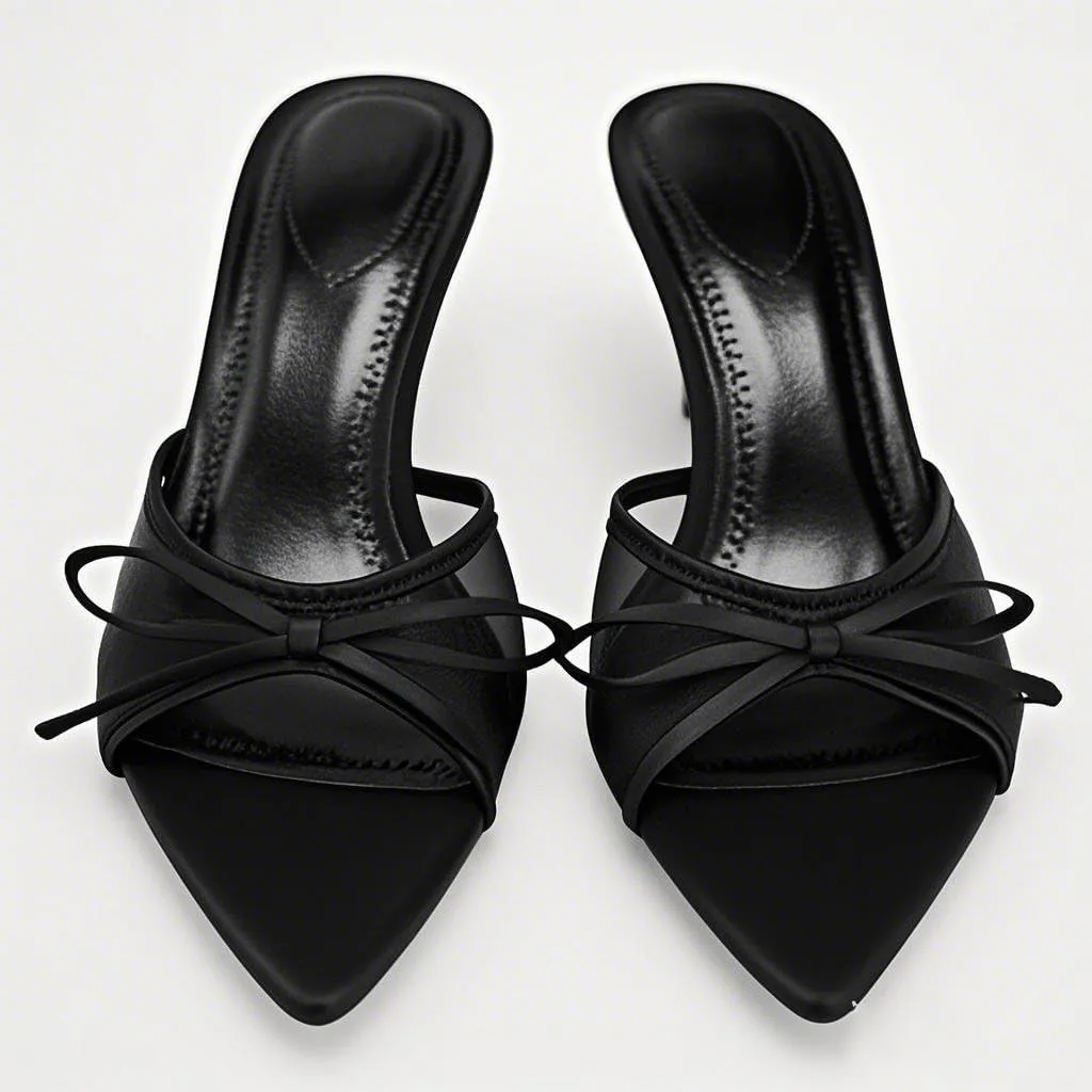 YIYA Women's Open Pointed Toe Mesh Mules Cute Bow Heels Stiletto Kitten High Heels Party Dress Backless Slip On Slide Sandals