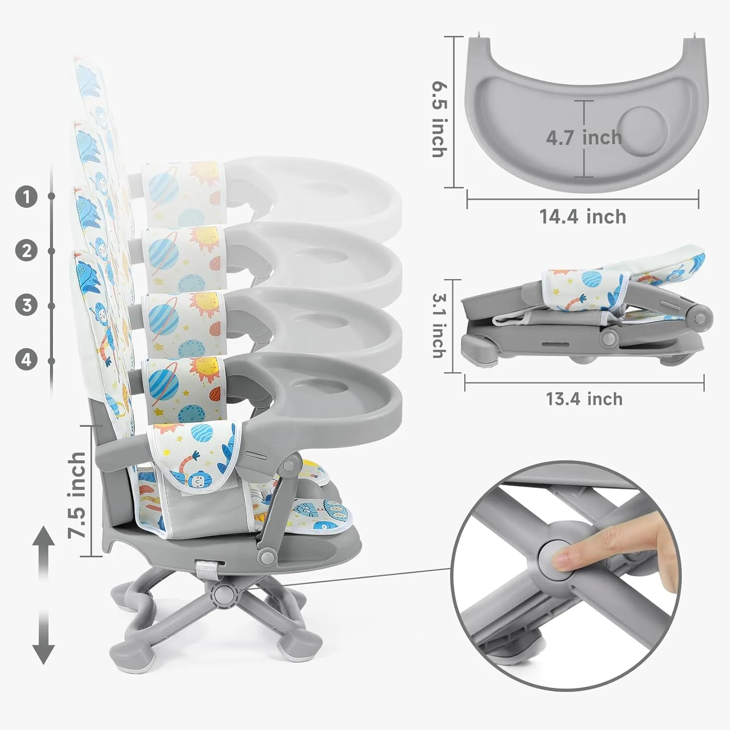 YOLEO Baby High Chair Booster Seat for Dining Table, Adjustable Height Travel Foldable High Chairs with Tray